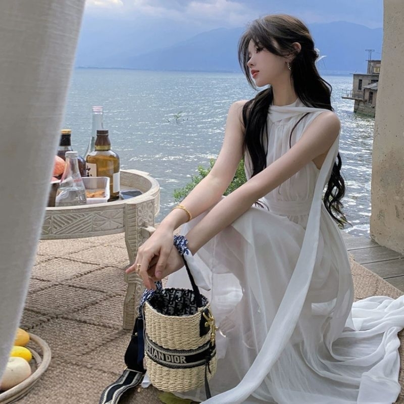 Summer Dress Casual Gaun Putih Prancis Import Premium / Korea Long Dress Pantai Maxi Beachwear Wanit