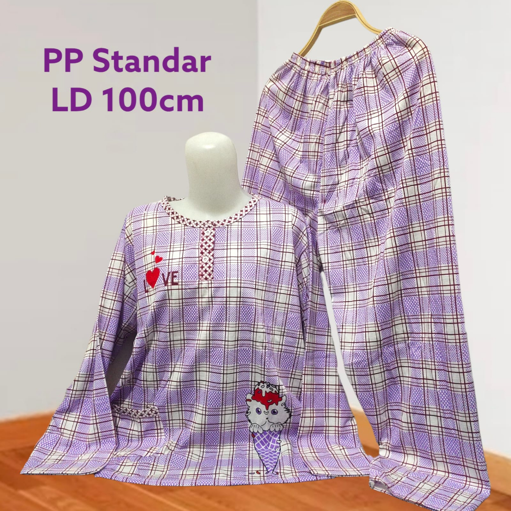 Piyama PP Standar Bahan Kaos Lengan Panjang Dan Celana Panjang Wanita XL LD 96-106cm