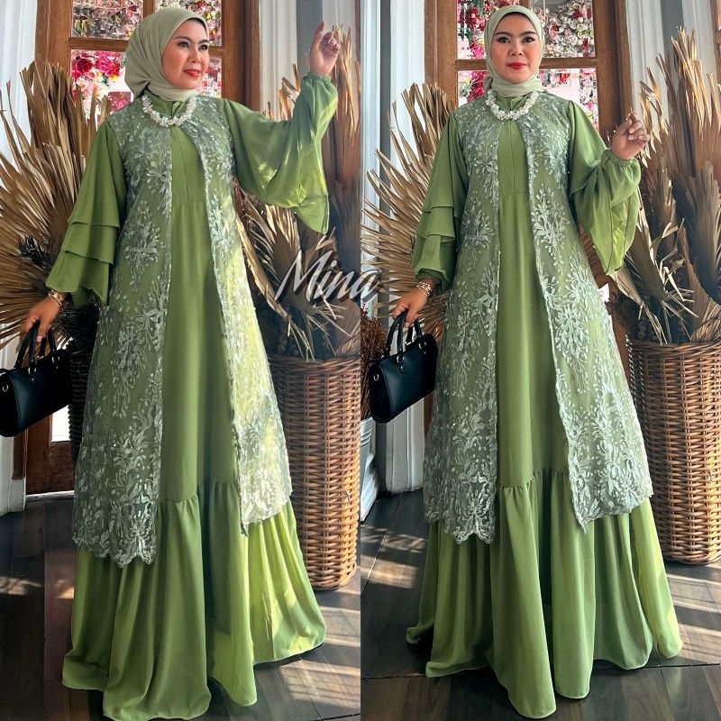 Dress Pesta Mewah / Gamis Mina Brokat Dress / Gamis Kondangan / Gamis Tile / Gamis Cardigan Lepas Pa