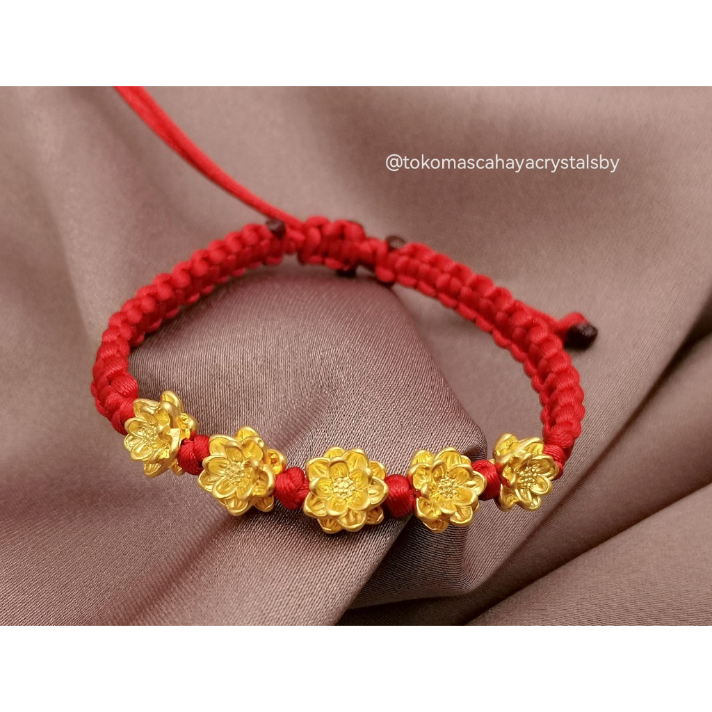 Gelang Charm 5 Teratai / Lotus Emas kadar 24k HK Hongkong 999% 999 &amp; Gelang Kepang Serut