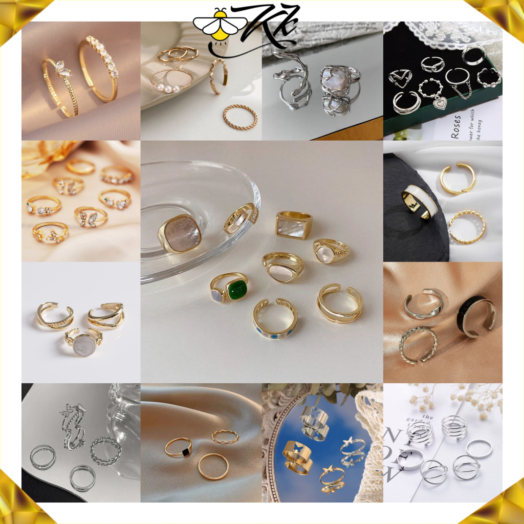 Import Set 5pc Perhiasan Cincin Kristal Mutiara Emas Perak Bentuk Hati Model Hollow Fashion Korea