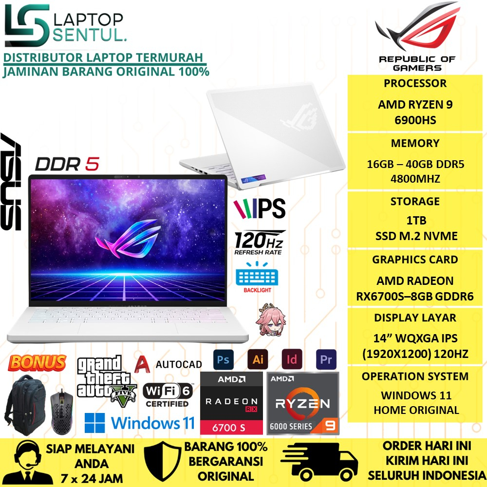 Laptop Asus ROG Zephyrus G14 GA402RJ AMD Ryzen 9 6900HS 40GB DDR5 1TB SSD Radeon RX6700S 8GB Wqxga Windows 11 Home Original