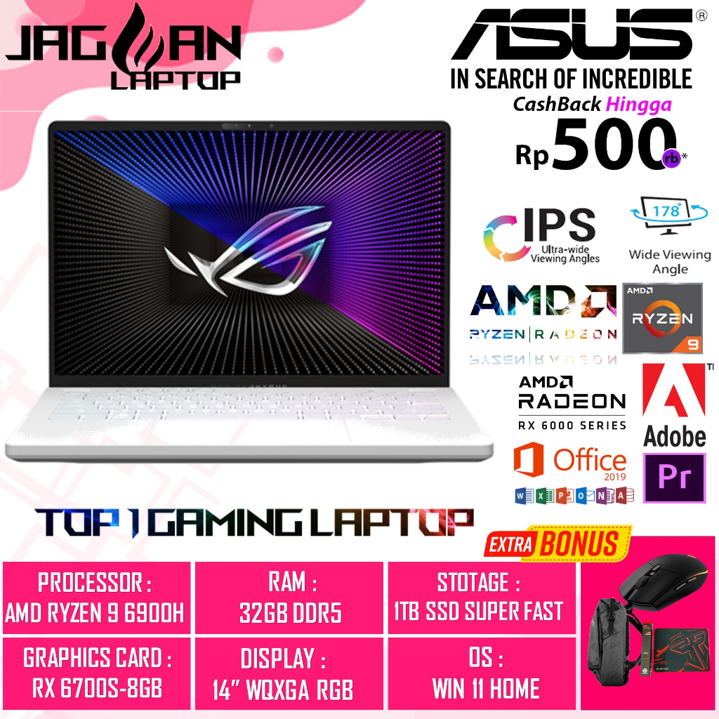 LAPTOP GAMING ASUS ROG ZEPHYRUS G14 GA402RJ AMD RYZEN 9 6900HS 32GB DDR5 1TB SSD RX6700S-8GB 14&quot; WQXGA 120HZ RGB ANIME WIN11HOME WHITE