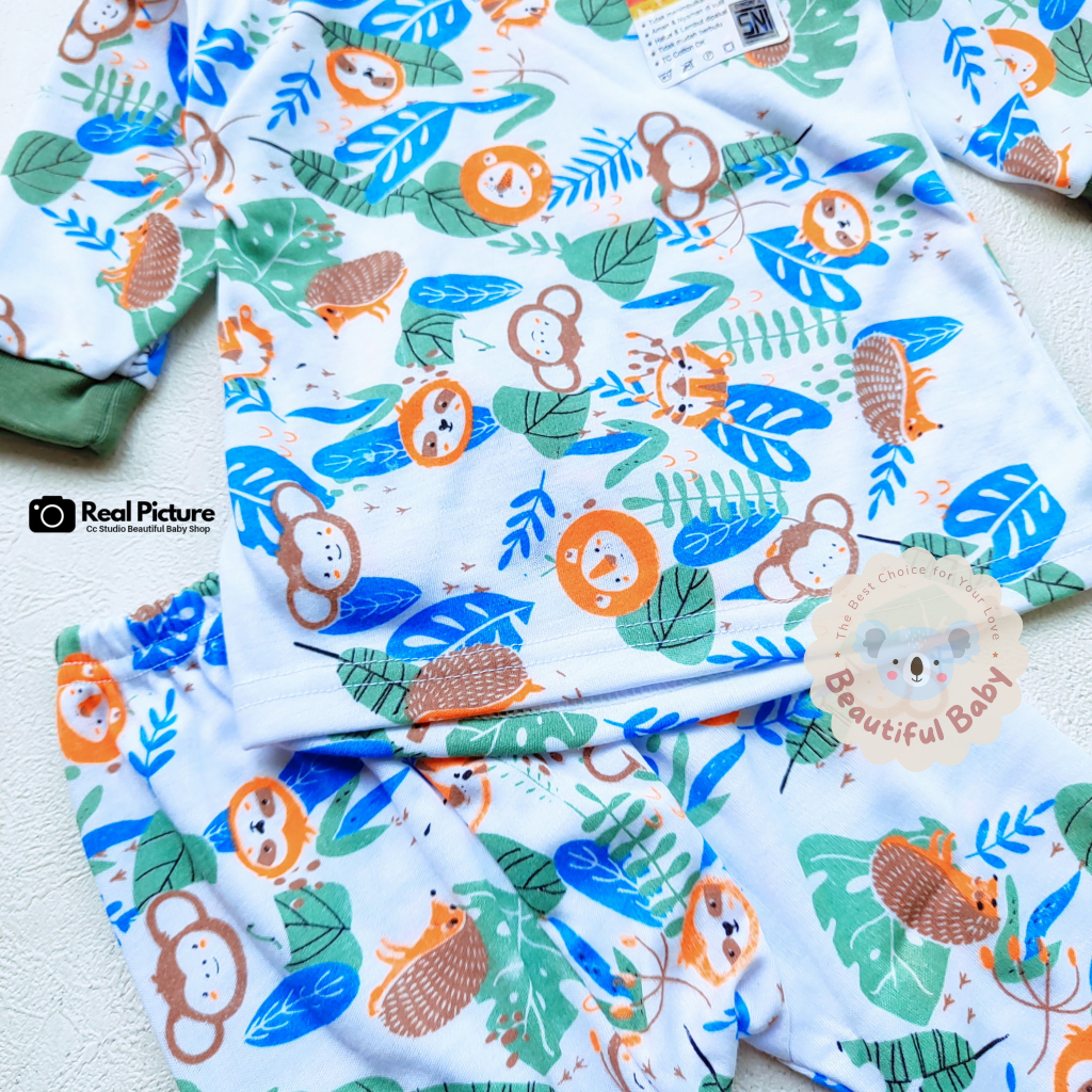 Setelan PIyama Baju Bayi Usia 3-18 Bulan Motif Monkey Monstera / Baju Tidur Bayi Lengan Panjang Celana Panjang Kaos Oblong Kancing Pundak / Baby.ou