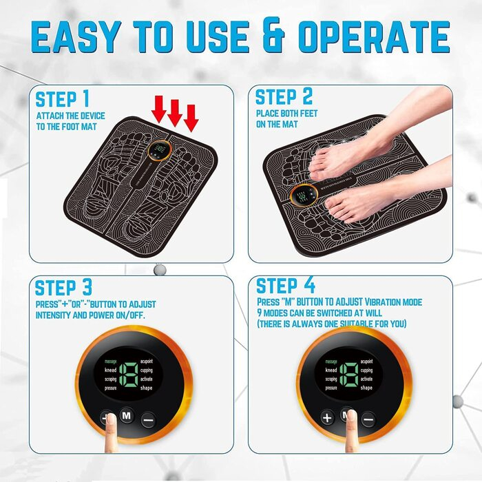 EMS PAD FOOT MASSAGER ALAT PIJAT TERAPI TELAPAK KAKI ELEKTRIK PORTABLE 8 MODE 19 LEVEL AKUPUNKTUR PENGISIAN MENINGKATKAN SIRKULASI DARAH MEREDAKAN RASA LELAH PEGAL NYERI