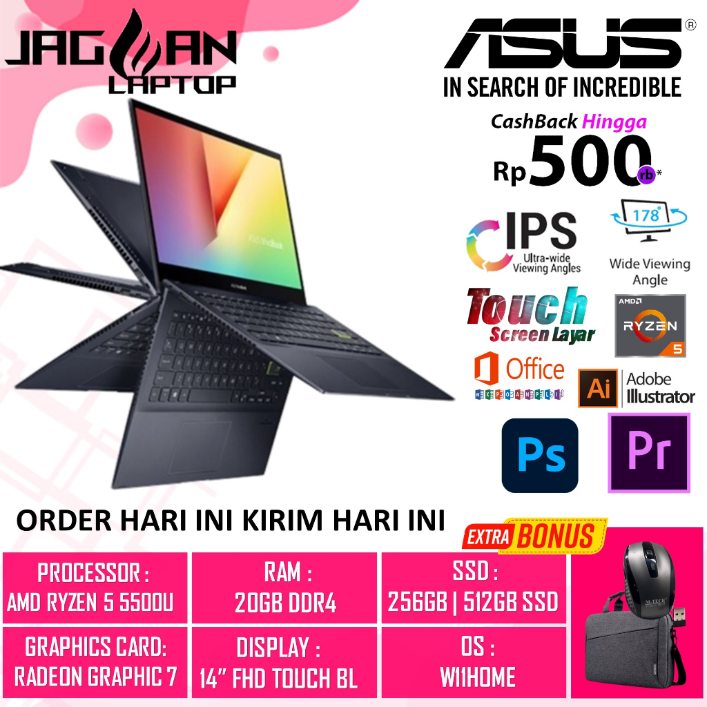 ASUS VIVOBOOK FLIP 14 TM420UA AMD RYZEN 5 5500U 20GB 512GB RADEON 7 14&quot; FHD TOUCH BL FP WIN10HOME SPOKE BLACK TERLARIS