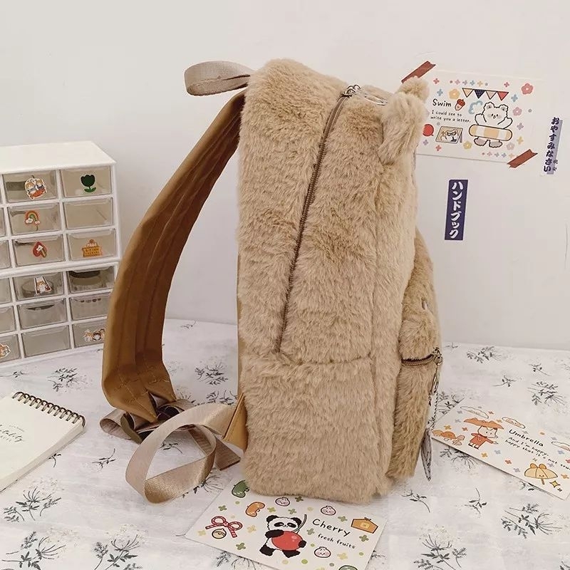 Tas Ransel Wanita Bulu Beruang Happy Bear Tas Perempuan Korean Lucu