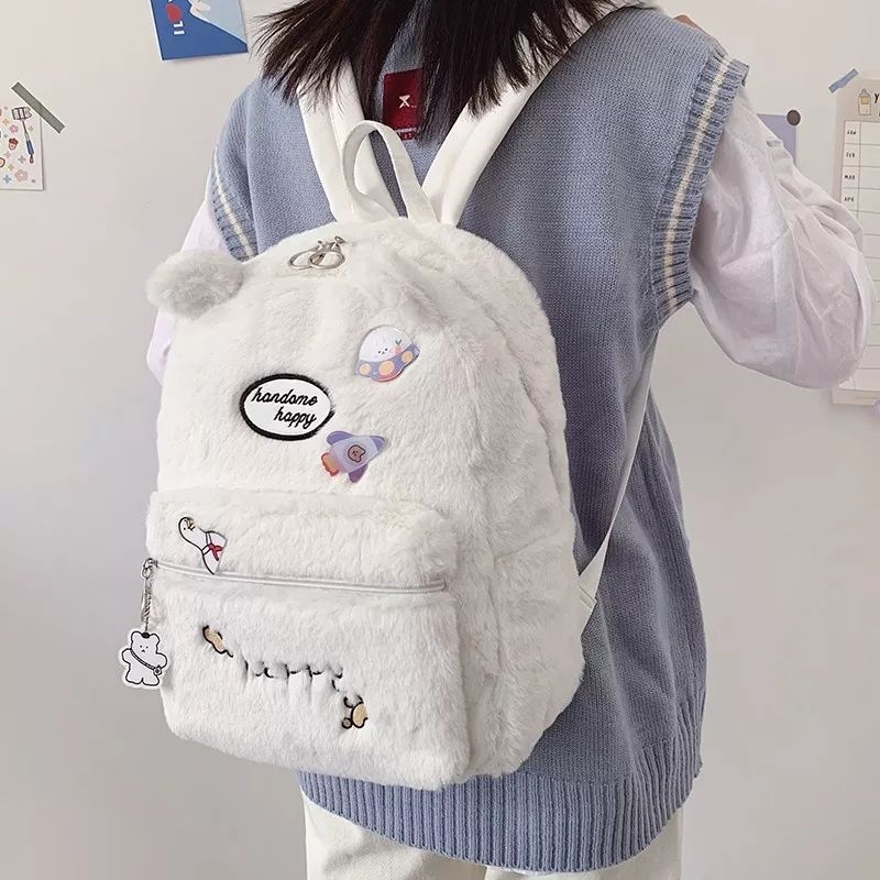 Tas Ransel Wanita Bulu Beruang Happy Bear Tas Perempuan Korean Lucu