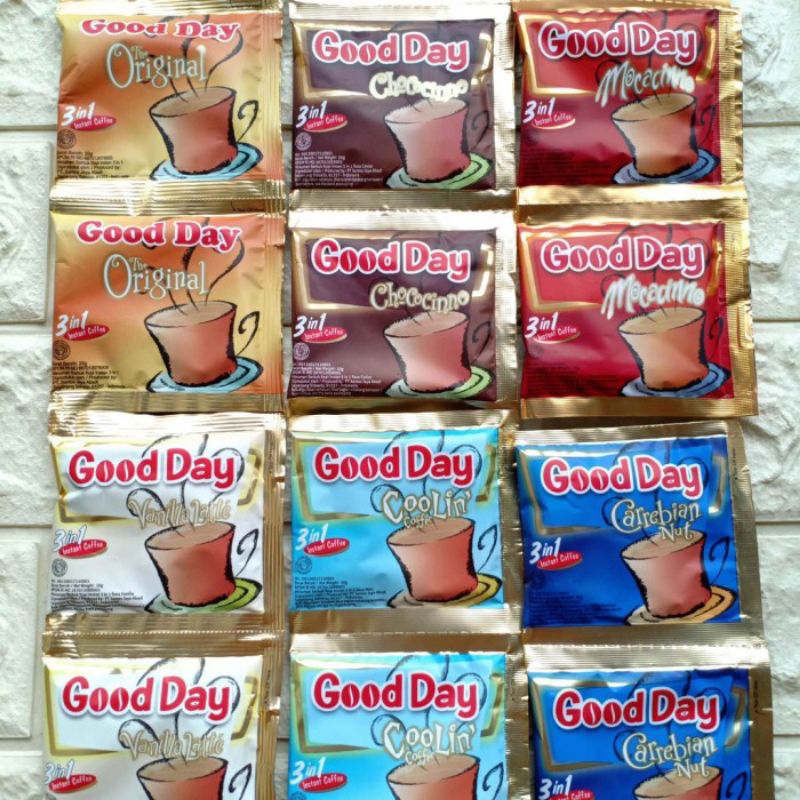 

Good day 1 renceng/good day 1 sachet/good day mocachino, original, carebian, coolin, cochocina, vanila late, good day merah