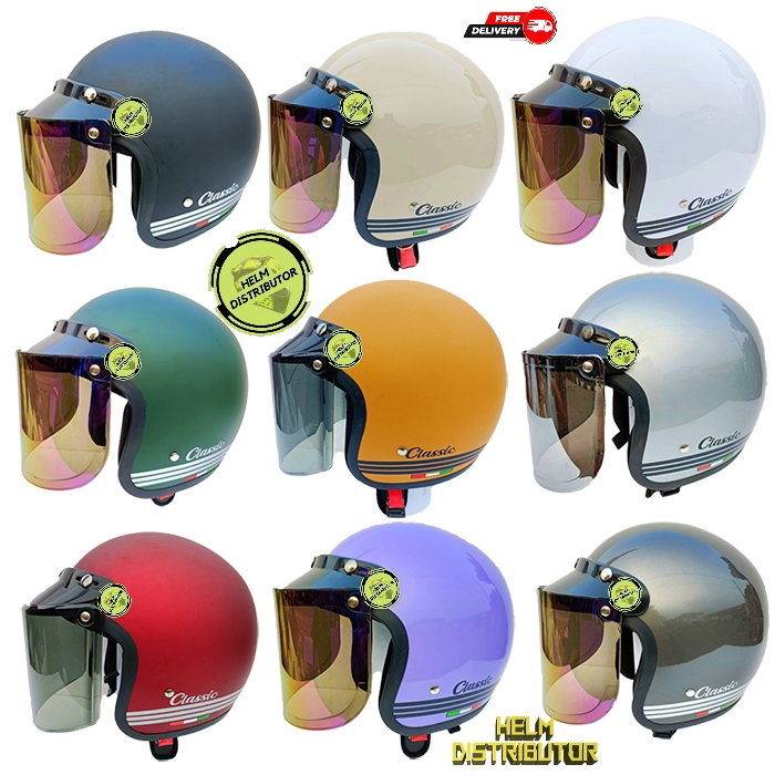 HELM BOGO CLASSIC KACA DATAR HITAM,KACA DATAR BENING,KACA CEMBUNG HITAM UNTUK DEWASA COD