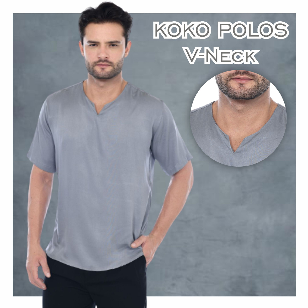 Kemeja Koko Pria Kerah V-neck Model Basic Polos Lengan Pendek Bahan Rayon Twill Premium