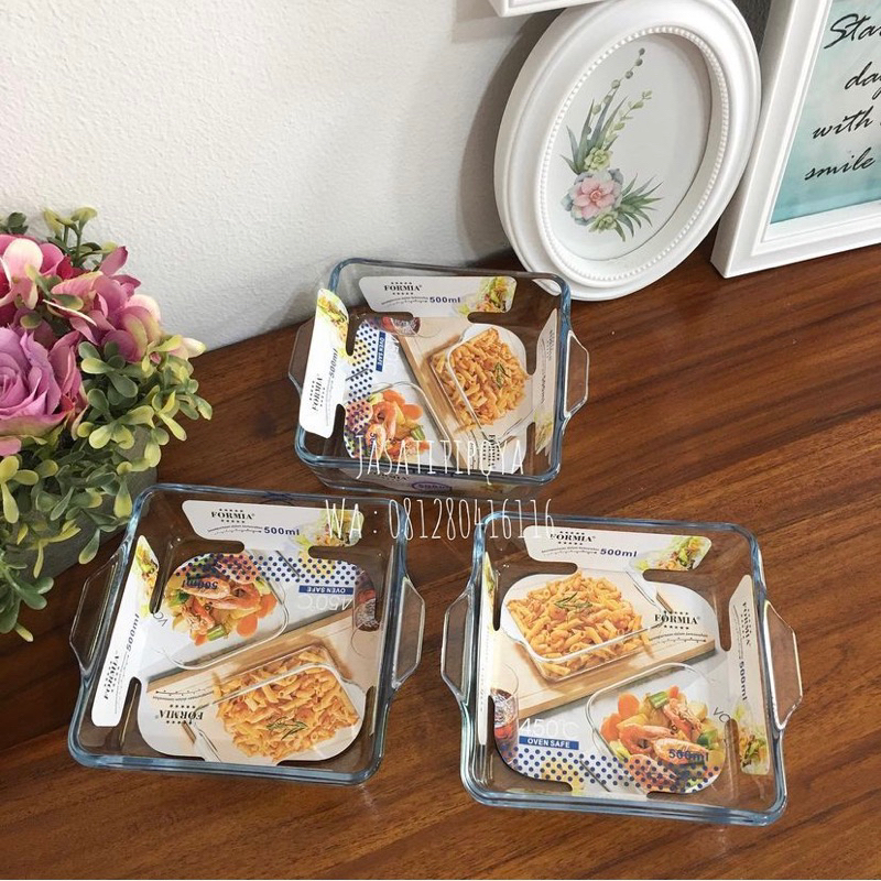 glass serving tray kotak 500ml set 3 (isi 3) / wadah saji / piring oven / wadah transparan / formia 