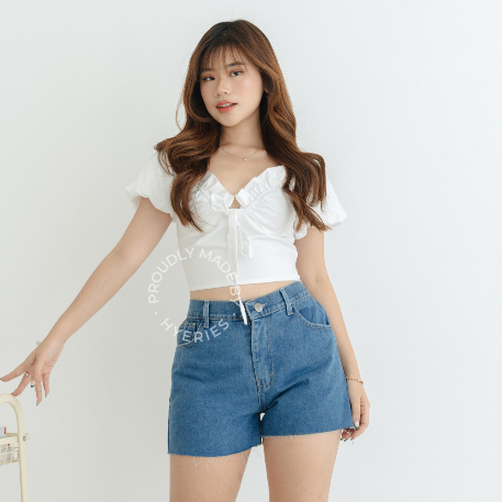 [ HYERIES ] Nayeon top atasan casual wanita korea ruffle blouse puffy sleeves top atasan lengan balo