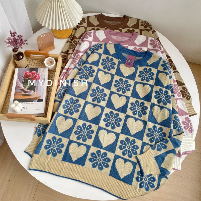 Klover Oversize Sweater Rajut Wanita Motif Bunga