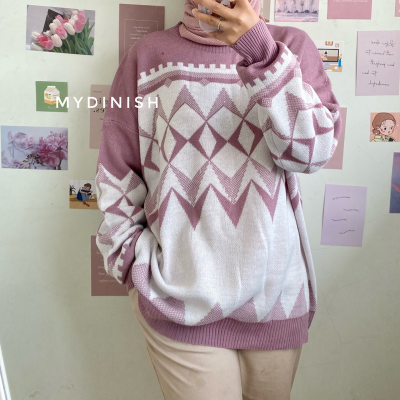 Rury Oversize Sweater Rajut Wanita Motif Zigzag