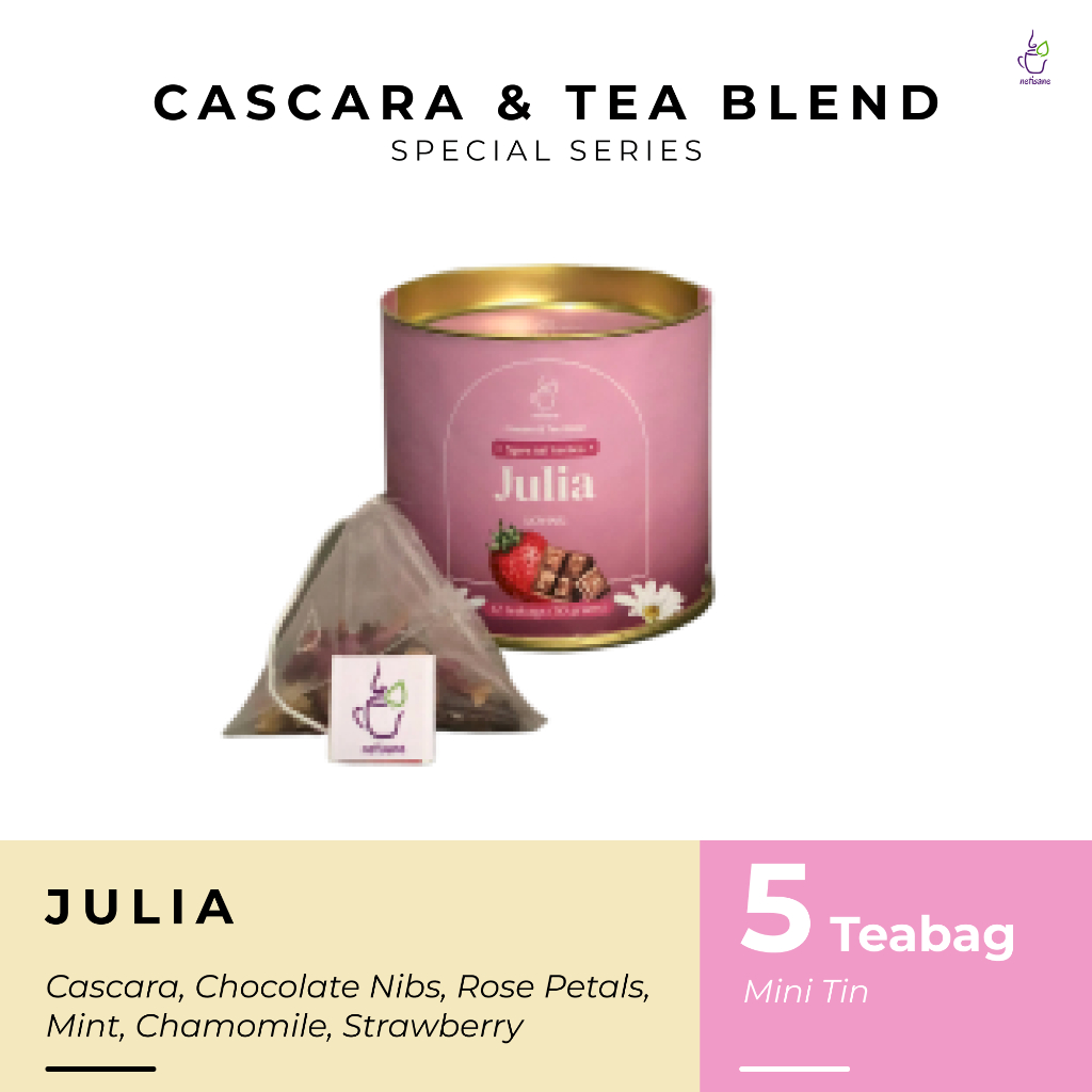 

Netisane Julia (Chamomile, Chocolate Nibs, Daun Mint, Strawberry, Rose Petals) | Netisane Cascara Blend Special Series | Artisan Tea / Teh Herbal (Mini Tin)