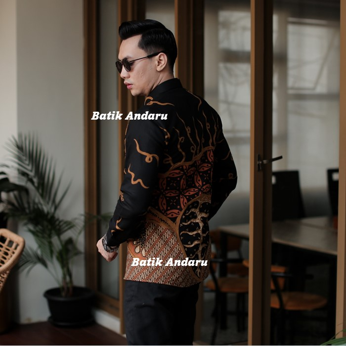 Kemeja Batik Pria Slim Fit Lengan Panjang Modern Heem Premium Bahan Katun Primisima Warna Hitam Orange