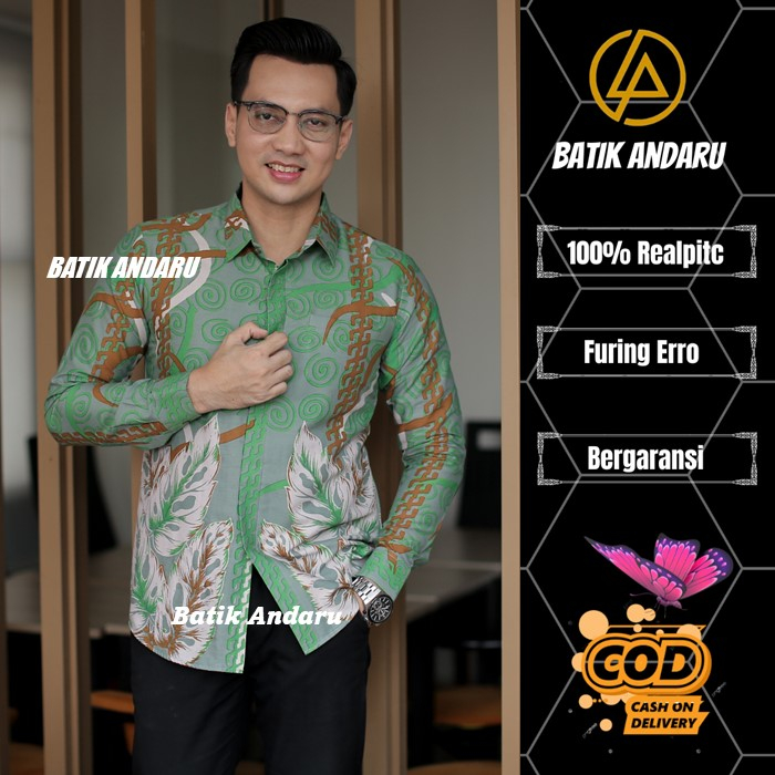 Baju  Kemeja Batik Pria Cowok Laki Slimfit Lengan Panjang Modern Heem Premium Warna Hijau Tosca