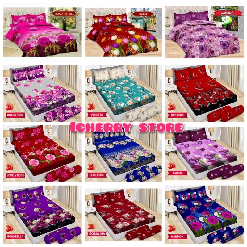 Set 3in1 Sprei Bonita Disperse 3D Bantal 4 B4 King 180x200 Motif Farida, Queen Rose, Red Rose, Rosab