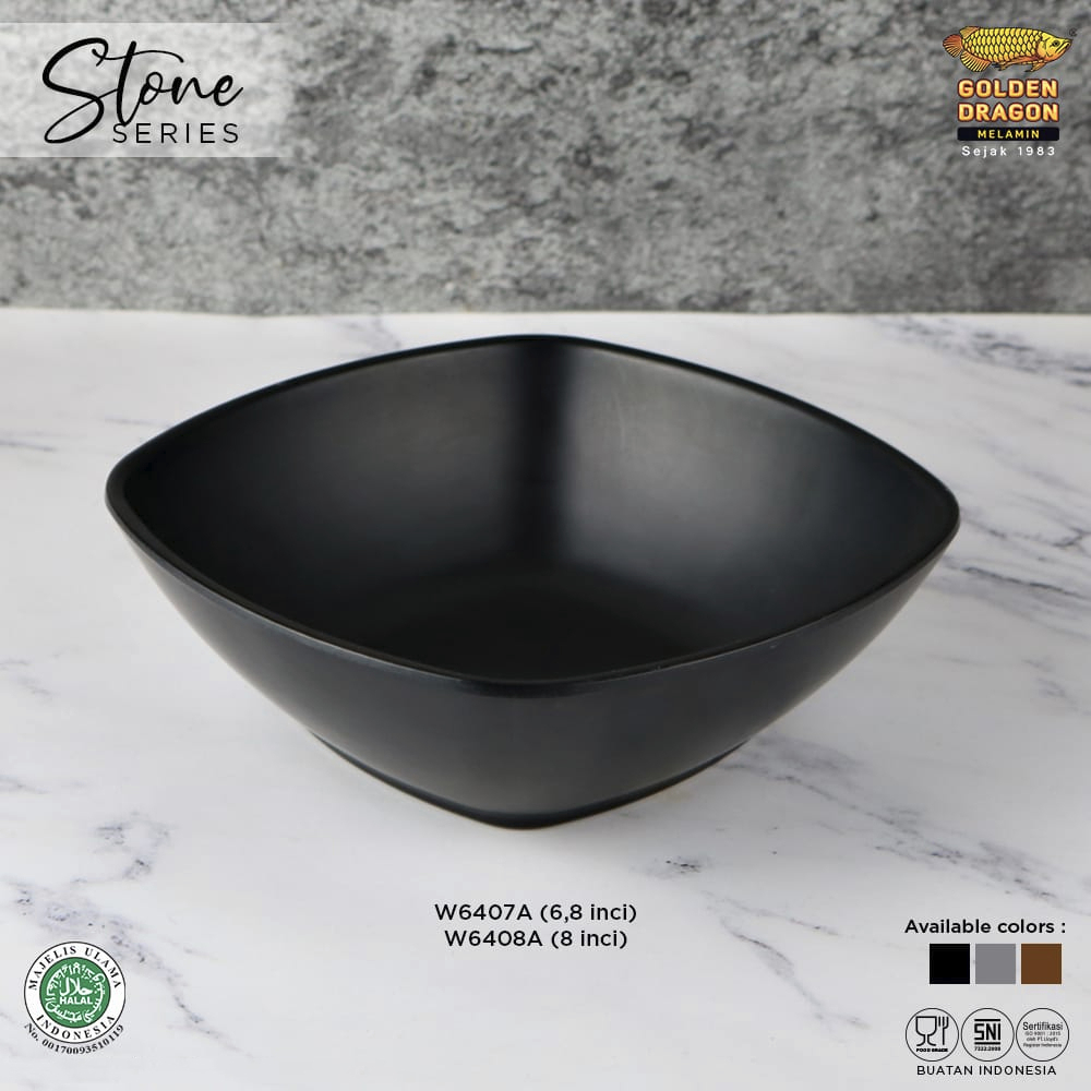 Mangkok Kotak Model Batu 7inch Bowl Melamin Golden Dragon W6407A HITAM