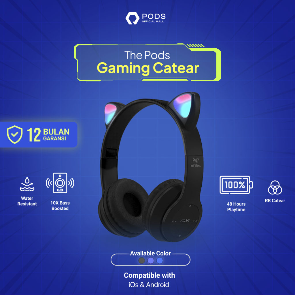 [PRODUK TERVIRAL 2023!] The Pods Headphone GAMING HEADSET M247 Earphone Cat Bluetooth Wireless - Bluetooth 5.0 Premium Wireless Headphone Lucu Kucing Bluetooth LED Wireless Light TWS Earpods Hifi for IOS &amp; Android by Pods Indonesia