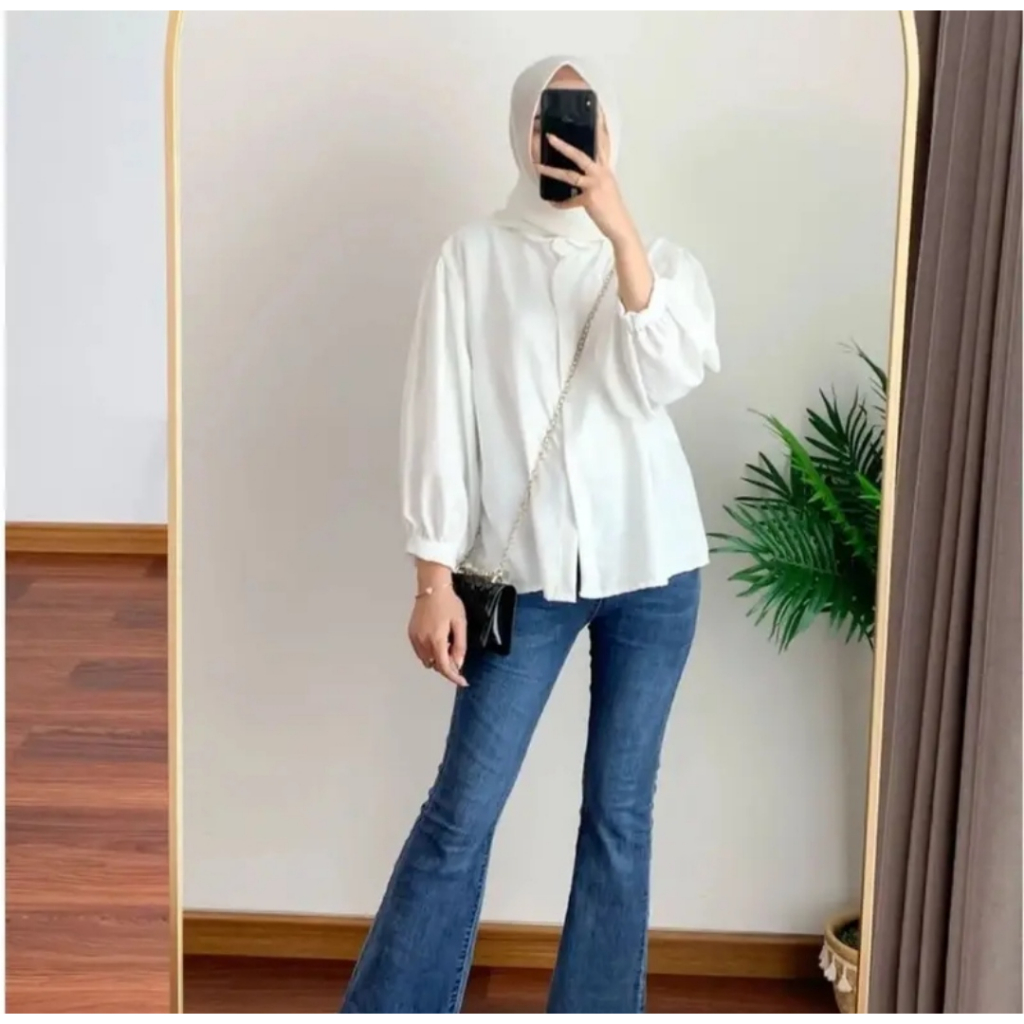 Kemeja blouse wanita matt crinkle premium polos putih blue sky