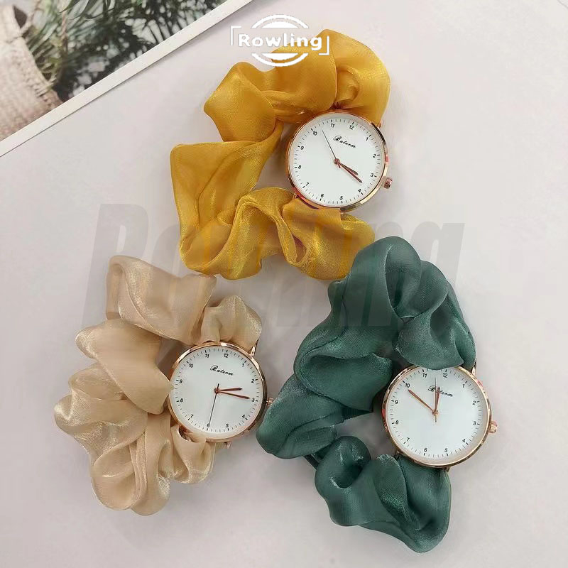 Rowling (Jam-95) Jam Tangan Wanita Geneva Model Ikat Rambut Jam Tangan Wanita Quartz dengan Strap Karet Renda Rambut Import