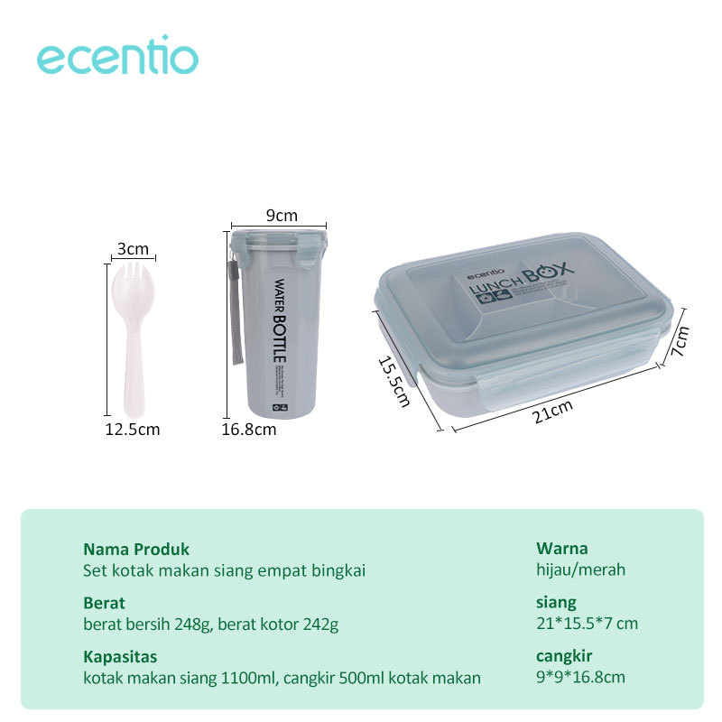 ecentio &amp; FOODI 2/3/4 Sekat 1000ml/1100ml Kotak Makan Set anak Lunch box+anak cangkir 500ml/Lunch Box Set 2/3/4 Grid Kotak Bekal Makan Botol Minum Free Sendok/tempat makan anak/Tempat Makanan anak kecil BPA free/Home &amp; Living/Kitchenware/Food Storage