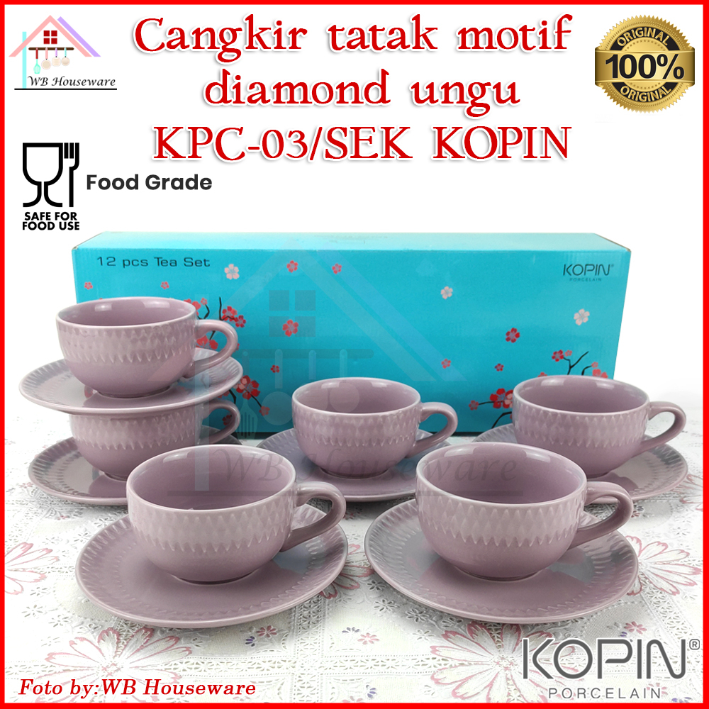 KOPIN cangkir set 6 pasang pastel purple keramik / coffee tea set cup and saucer motif diamond mouve