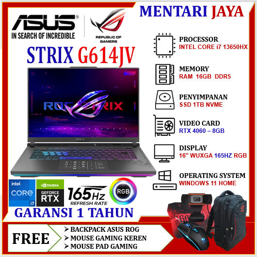 ASUS ROG STRIX G614JV i7 13650HX 32GB DDR5 1TB SSD RTX4060-8GB 165HZ WUXGA IPS WIN 11 RGB