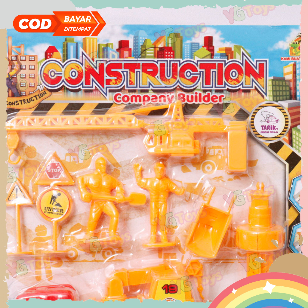 YGtoys Mainan Mobil Mobilan Konstruksi Tower Crane Set dan Orang Construction Worker Contruction Excavator Beko Bulldozer Crane