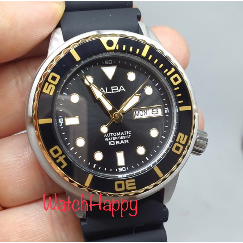 WatchHappy Alba AL4250X1 Men Watch Day Date Automatic Black Dial AL4250 Black Rubber Strap Original