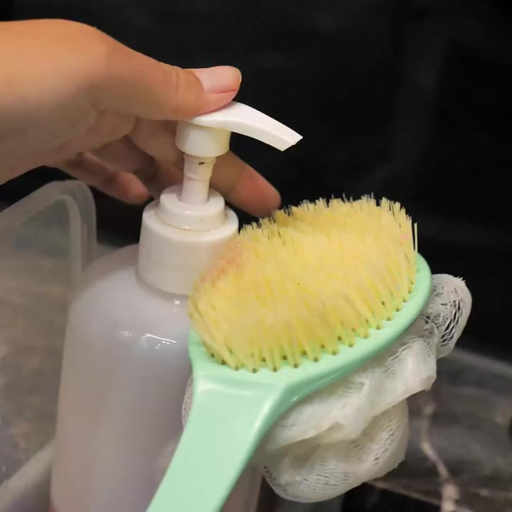 Sikat Mandi Dua Sisi Spon Bulu Lembut Gagang Panjang Shower Puff + Sikat Gosok Punggung 2 in 1 Penghilang Daki Bersih