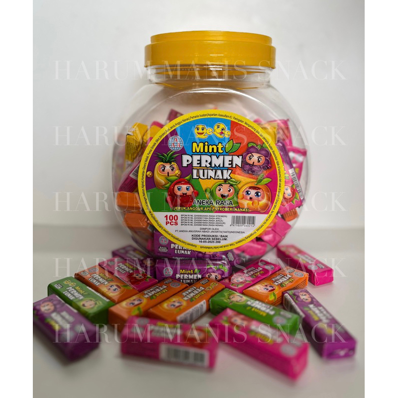 

AAA Mint Permen Lunak Baru Toples isi 100 pcs Aneka Rasa Buah