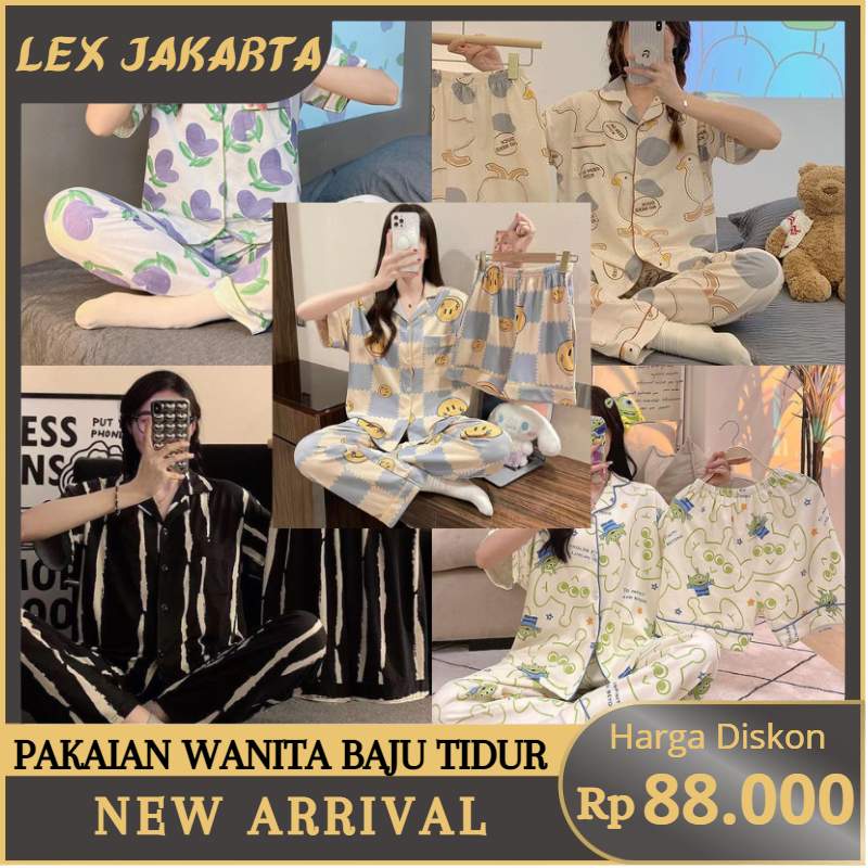 LEXJAKARTA B22 - PAKAIAN WANITA BAJU TIDUR 3 IN 1 WANITA PIYAMA SET LENGAN PENDEK CELANA PANJANG DAN PENDEK MOTIF KARTUN LUCU SETELAN TIDUR PAKAIAN RUMAH WANITA