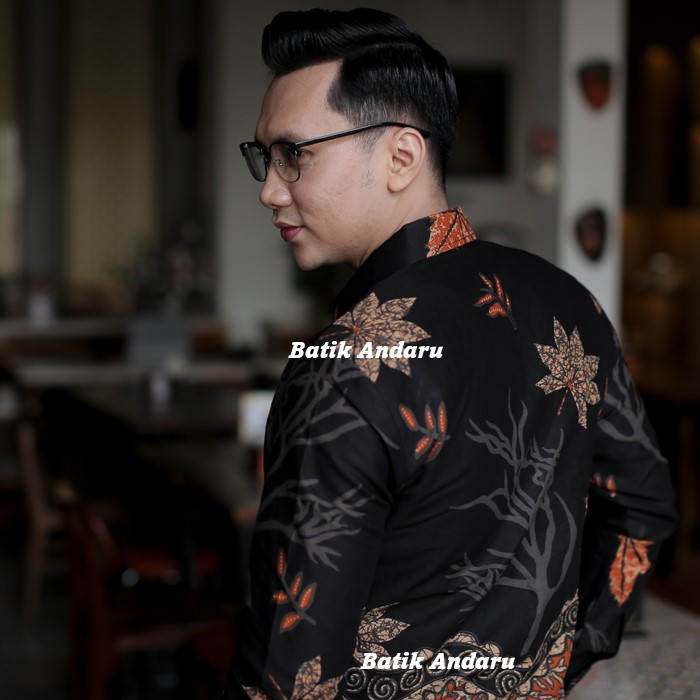 Baju Kemeja Batik Pria Slimfit Lengan Panjang Modern Heem Elegant Premium Warna Hitam Orange