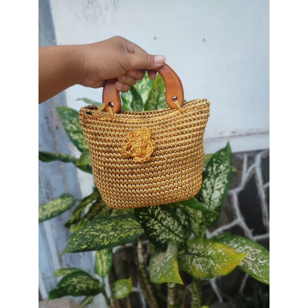 TAS WANITA RAJUT BUNGA RESLETING / TAS SELEMPANG WANITA ANYAMAN HANDEL KAYU