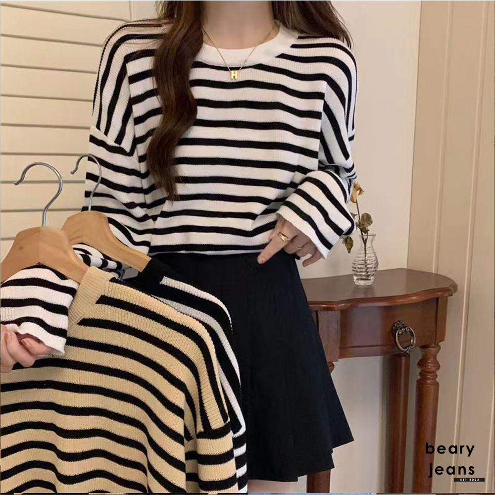 BEARYJEANS Striped Loose Knitted Sweater Casual Sweater Lengan Panjang Rajut Bergaris Style Korea Import Premium - BJ090