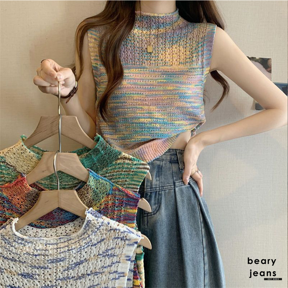 BEARYJEANS Colorful Slim Knit Sweater Vest Neck Crop Rajut Wanita Tanpa Lengan Musim Panas Fashion Korea Import - BJ093