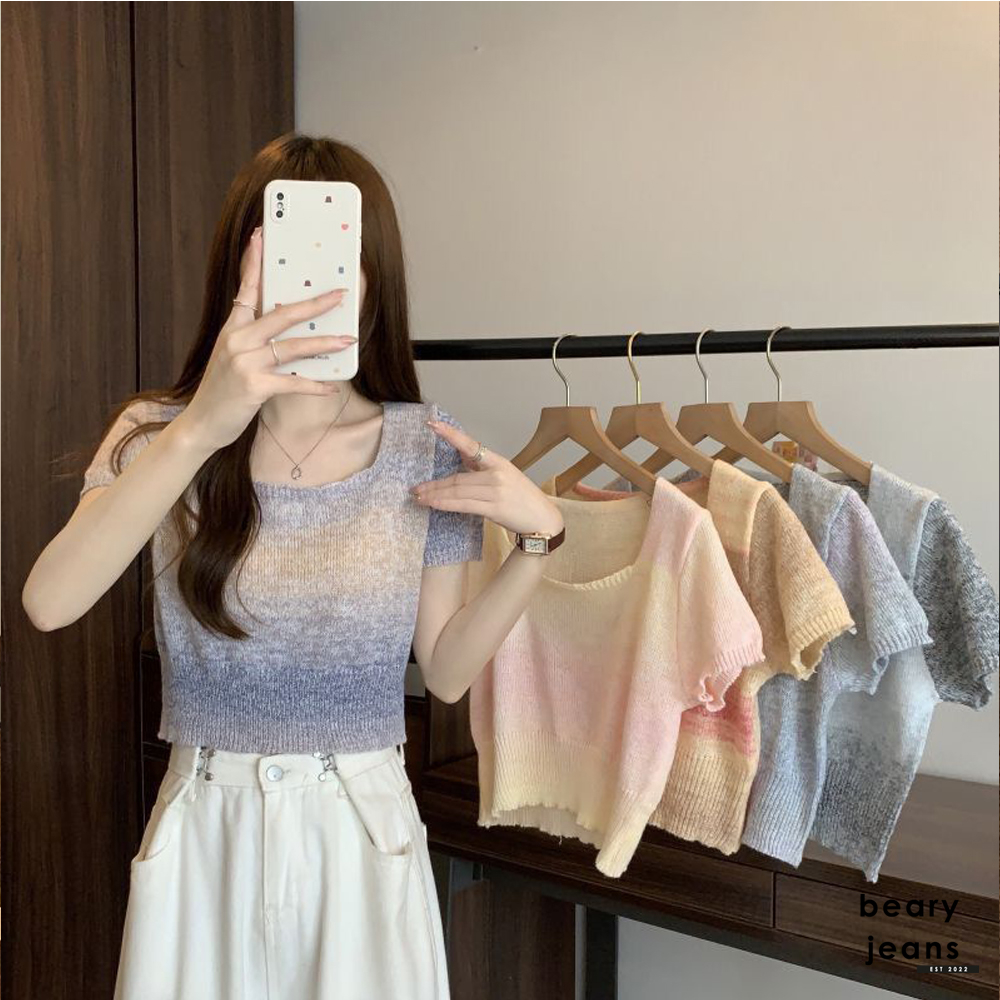 BEARYJEANS T-shirt Gradient Ice Silk Square Crop Kaos Wanita Rajut Lengan Pendek Crop Korean Style - BJ092