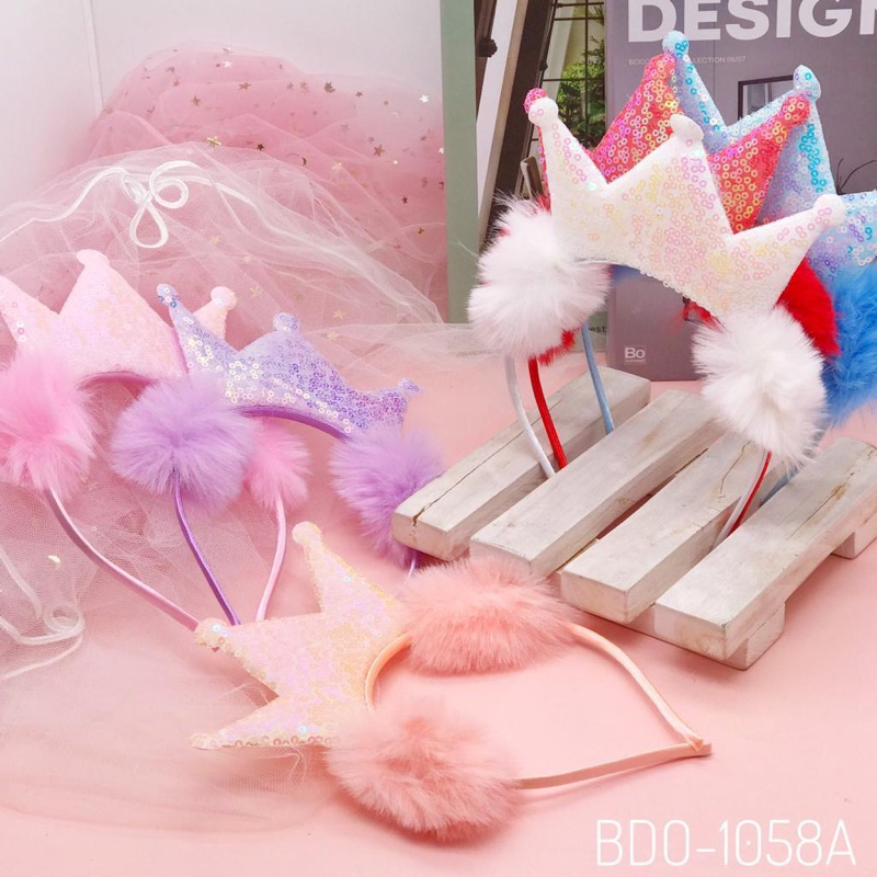 DELUNASHOP BANDO ANAK KECIL LUCU HEADBAND ANAK MAHKOTA POMPOM BULU BULU