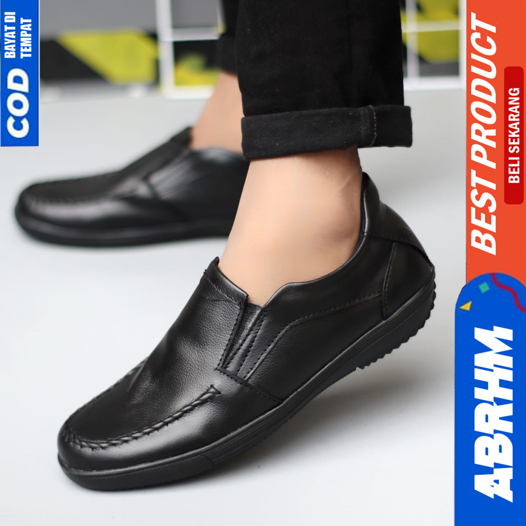 ABRHM Sepatu Casual Formal Slop Kulit Hitam Kerja Pria