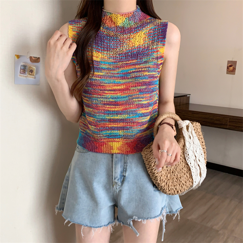 BEARYJEANS Colorful Slim Knit Sweater Vest Neck Crop Rajut Wanita Tanpa Lengan Musim Panas Fashion Korea Import - BJ093