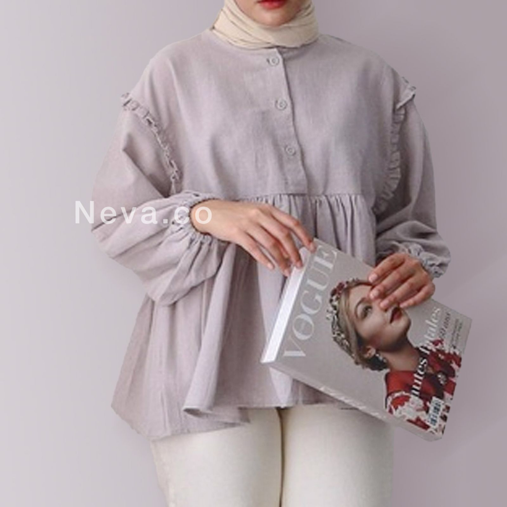 Blouse Korean Style Lengan Panjang KINAN Blouse Kancing Depan Bahan Katun Linen Premium Kerah Bulat Banyak Variasi OOTD Remaja Dewasa Kekinian Terbaru 2022