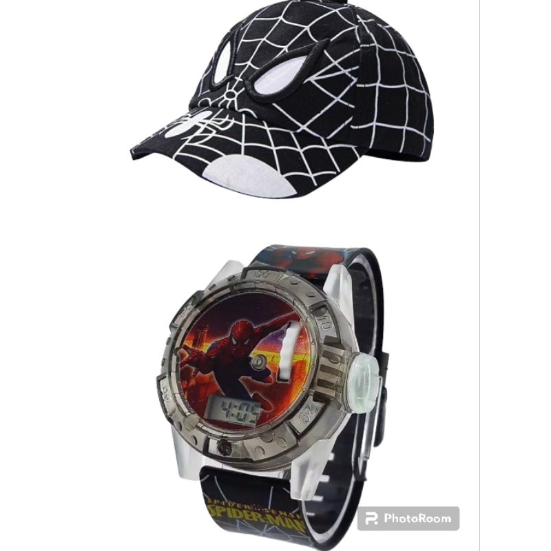 (Cod)Jam Tangan Anak-Anak Spiderman Led Musik Lampu+Topi Spiderman Strap Rubber(Dikirim Jakarta)