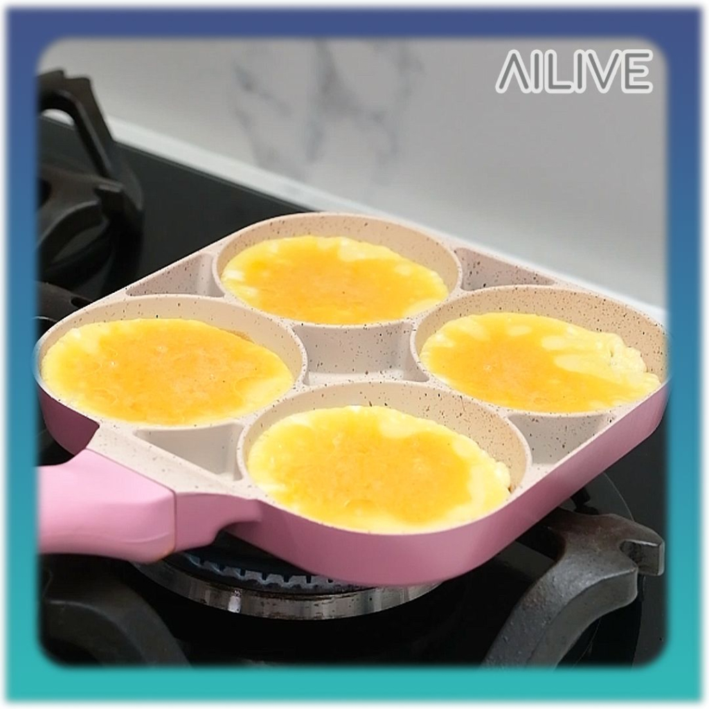 AILIVE OMIPAN Teflon Cetakan Telur Pancake / Teflon Omelet Pancake Anti Lengket 4 Lubang Dengan Corak / Pancake Egg Frying Pan Non-Sticky
