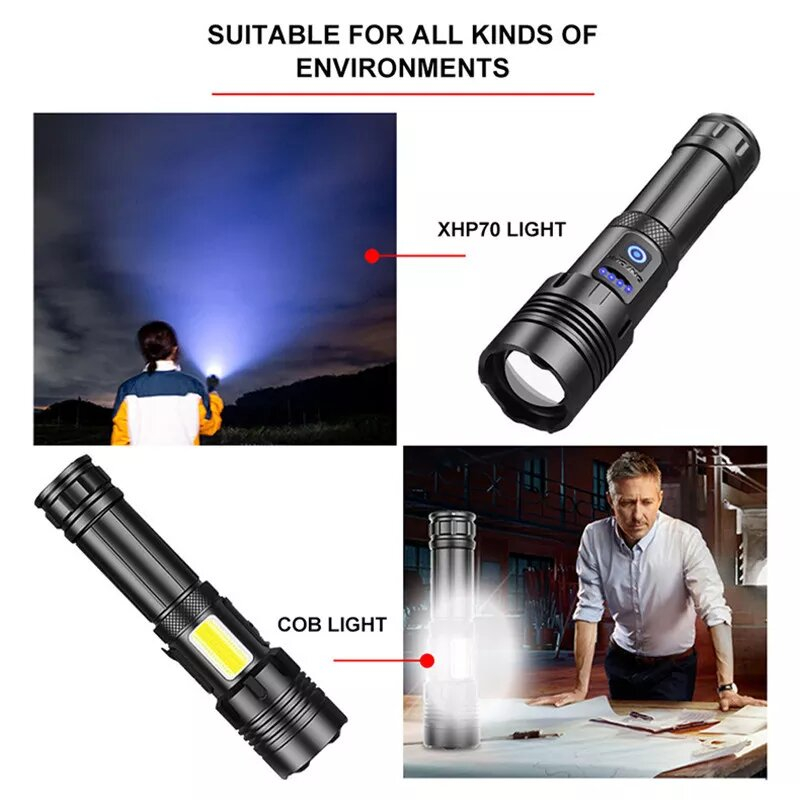 Senter LED Super XHP70 Kuat Lampu Senter Daya Tinggi / Senter Taktis Isi Ulang 26650 Lampu Kemah USB Tactical Flashlight Super Bright