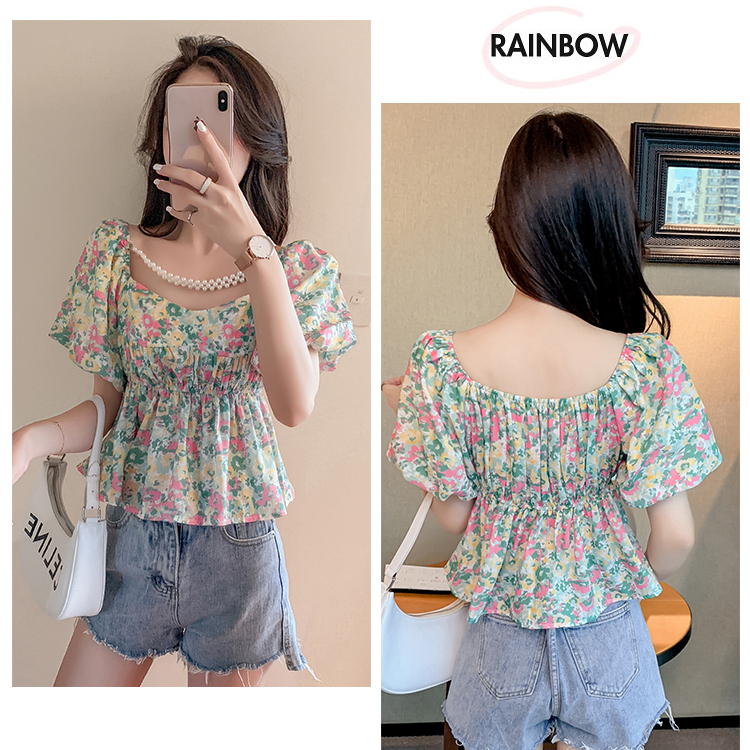 yikoo-Korea blouse floral temperamen blouse tipis wanita atasan （Termasuk mutiara）