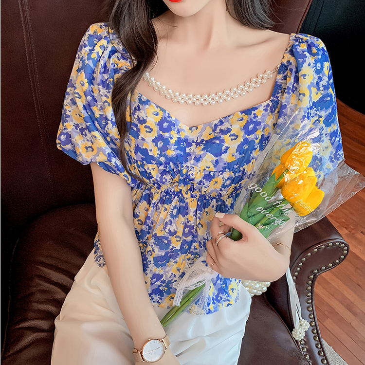 yikoo-Korea blouse floral temperamen blouse tipis wanita atasan （Termasuk mutiara）