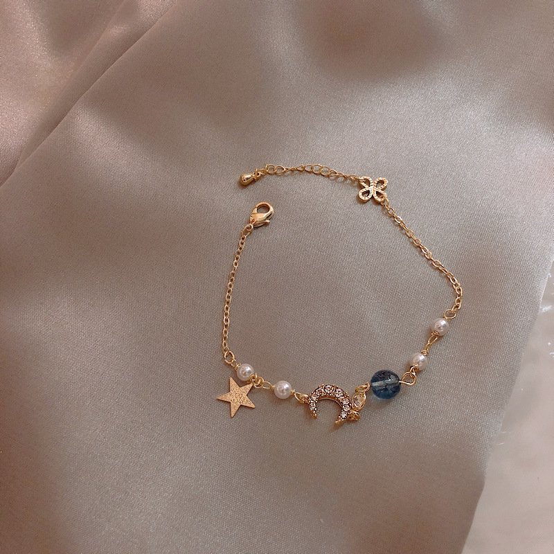 COD❤Wanita Korea Gelang Mewah Zirkon Bunga Berlian Imitasi Gelang Emas Disesuaikan Fashion A one-Blue beads